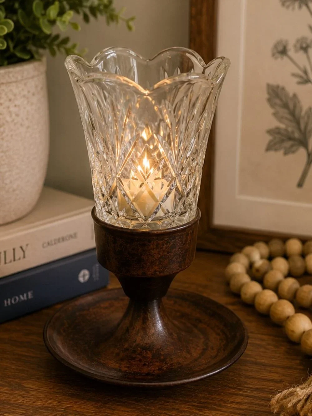 Vintage S.N.K. India Crystal Votive Candle Holder Faux Burl Wood Pedestal 6